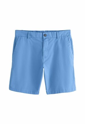 Šviesiai mėlyni vyriški laisvalaikio šortai su priekyje esančiu mygtuku, diržo kilpomis ir šoninėmis kišenėmis ant balto fono.