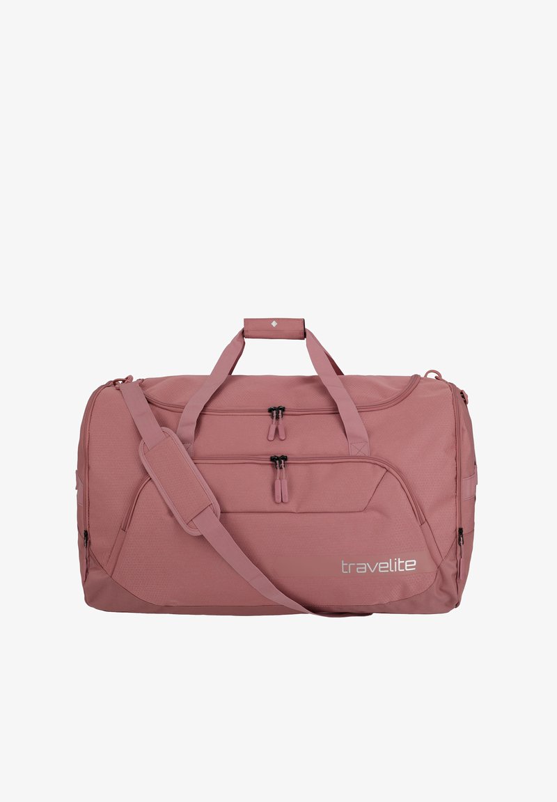 Sac de voyage en tissu rose doux avec double zip, bandoulière réglable et poignées renforcées. Présente une finition texturée et un logo.