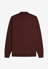 Polo a maniche lunghe marrone scuro con polsini e orlo a costine, mostrato dal retro su uno sfondo bianco neutro.