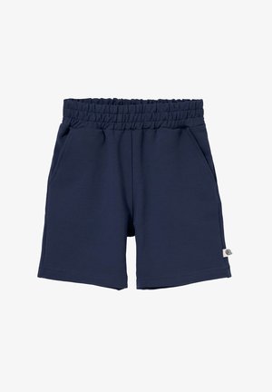 Granatowe szorty casual z elastycznym pasem i bocznymi kieszeniami, z małą białą metką z czarnym okrągłym logo na dole po prawej.