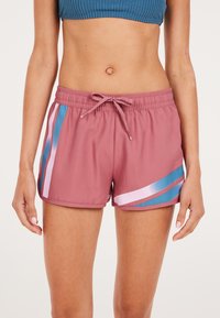 Korte sportieve shorts in een stoffige rozenkleur, met blauwe, roze en mesh accenten. Elastische tailleband met een trekkoord voor verstelbaarheid.