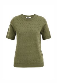 Olive green short-sleeve knit sweater with textured dot pattern, ribbed cuffs, hem, and crew neckline.