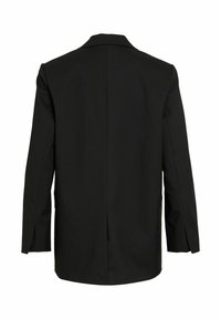 Musta pitkähiha-bleiseri esitettynä takaa, jossa on keskisauma ja lievät halkiot hihoissa, valkoista taustaa vasten.