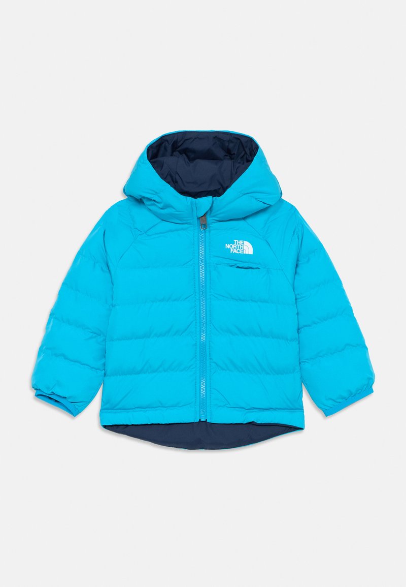Giacca blu gonfiabile con cappuccio, dotata di chiusura con zip frontale, motivo trapuntato orizzontale, fodera navy e logo The North Face sul petto.