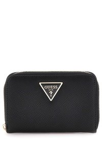 Portafoglio in pelle sintetica nera con superficie texturizzata, hardware in tono argento e accento a logo triangolare. Presenta una chiusura con zip.