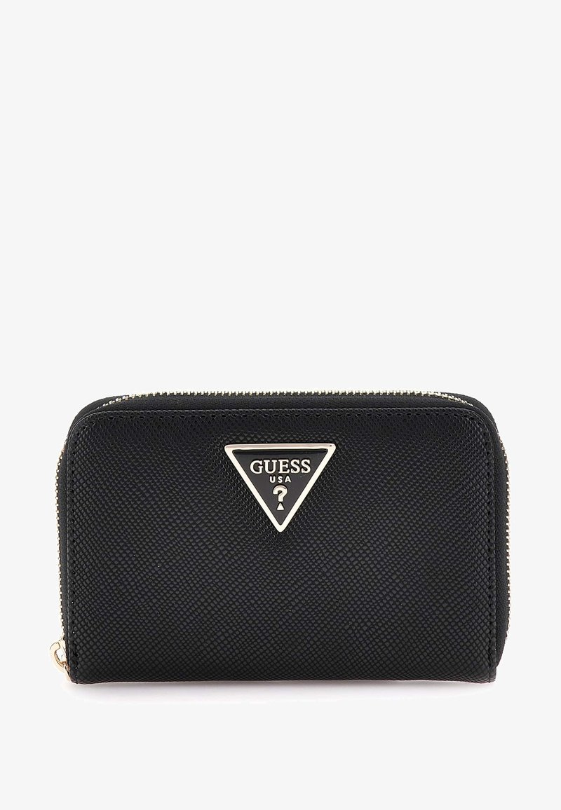 Portefeuille en cuir synthétique noir avec une surface texturée, quincaillerie en acier inoxydable et un accent en logo triangulaire. Fermeture zippée.
