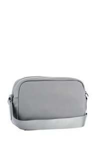 Borsa in nylon grigia con forma rettangolare, chiusura superiore a cerniera e tracolla in tessuto. Texture liscia senza motivi o dettagli visibili.