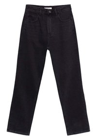 Jeans de mezclilla negra con corte recto, que cuentan con cinco bolsillos, costuras visibles y un cierre de botón. La tela tiene un ligero estiramiento.