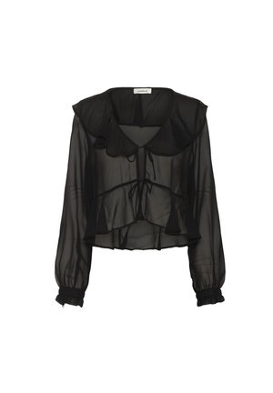 Black sheer blouse with ruffled collar, long puff sleeves, tie detail at the front, and layered fabric design. Lightweight, slightly cropped fit.