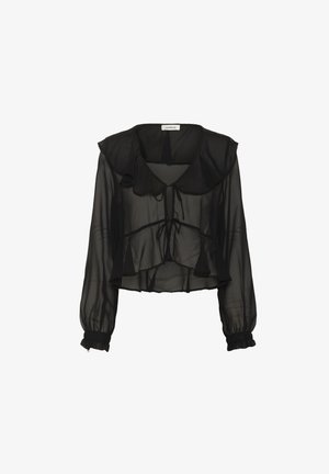 Black sheer blouse with ruffled collar, long puff sleeves, tie detail at the front, and layered fabric design. Lightweight, slightly cropped fit.