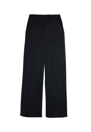 Pantaloni a gamba larga neri realizzati in un tessuto morbido ed elastico. Dotati di una fascia in vita elasticizzata e tasche laterali. Design semplice, senza motivi o dettagli visibili.