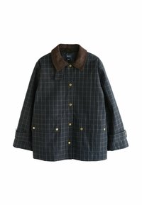 Jachetă în carouri verzi închise și bleumarin, cu guler din catifea maro, accesorii aurii și două buzunare frontale. Prezintă o croială lejeră și închidere cu nasturi.