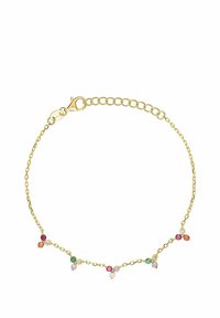 Bracciale a catena d'oro con gemme sfaccettate colorate in rosa, verde e trasparente, dotato di chiusura a moschettone e maglie regolabili.