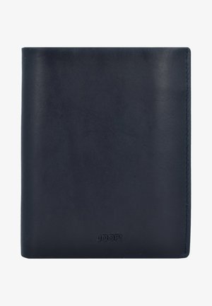 Marineblauwe leren portefeuille met een gladde textuur en een gestikt rand. Beschikt over een reliëflogo aan de onderkant. Rechthoekige vorm met een eenvoudig ontwerp.