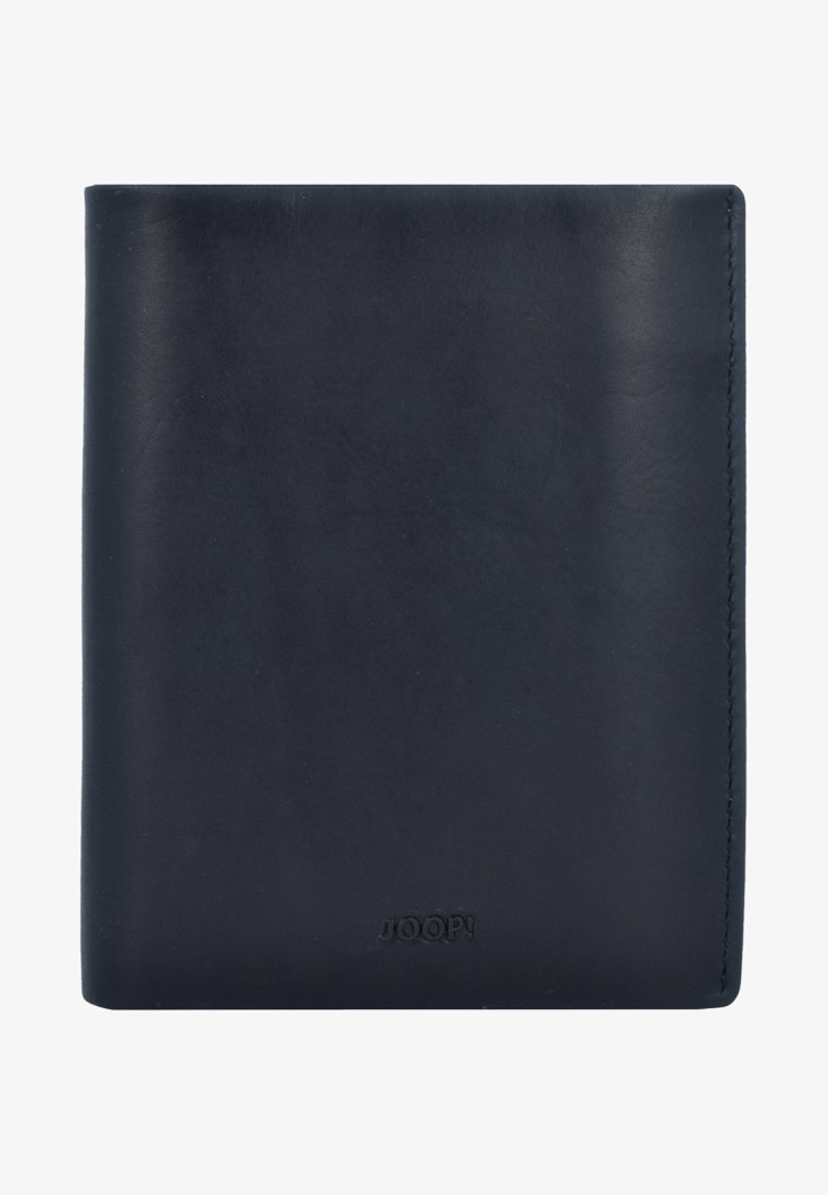 Laikku nahkalompakko, jossa on sileä pinta ja ommeltu reuna. Alhaalla on kohokuvioitu logo. Suorakulmainen muoto ja yksinkertainen muotoilu.