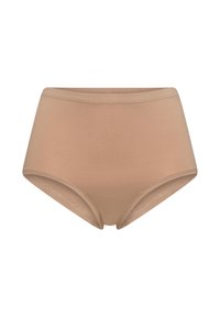 Beige højtaljede trusser med en glat tekstur, elastisk linning og uden synlige sømme. Har et enkelt, afrundet design.