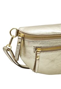 Sac bandoulière en métal doré avec plusieurs compartiments zippés, texture lisse et quincaillerie dorée. Dispose d'une bandoulière ajustable.