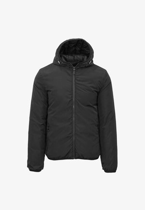 Giacca imbottita nera con cappuccio, dotata di zip frontale, due tasche laterali e polsini elasticizzati. Texture liscia e design semplice.