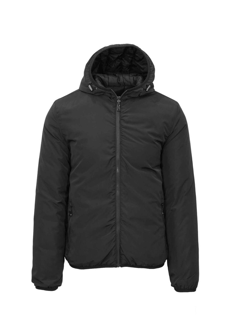 Giacca imbottita nera con cappuccio, dotata di zip frontale, due tasche laterali e polsini elasticizzati. Texture liscia e design semplice.