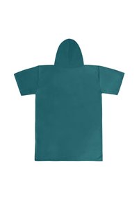 Türkiser Kapuzenponcho mit kurzen Ärmeln. Glatte Textur und lockere Form, mit einem schlichten Design ohne sichtbare Muster oder Akzente.