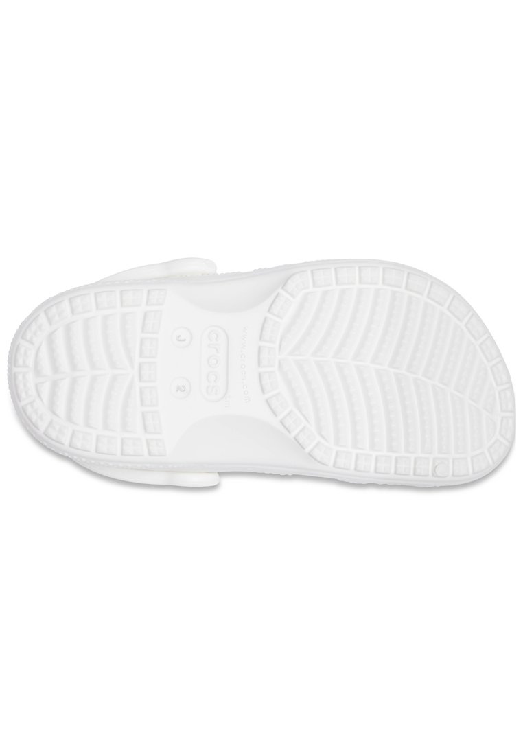 White rubber sandal sole with textured grip pattern. Features drainage holes and branding on midsole. Lightweight design for comfort.