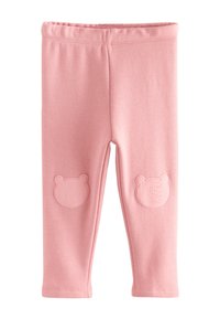 Colanți roz din material moale, cu talie elastică și aplicații în formă de ursuleț pe ambele genunchi. Textură netedă, potrivire strânsă.