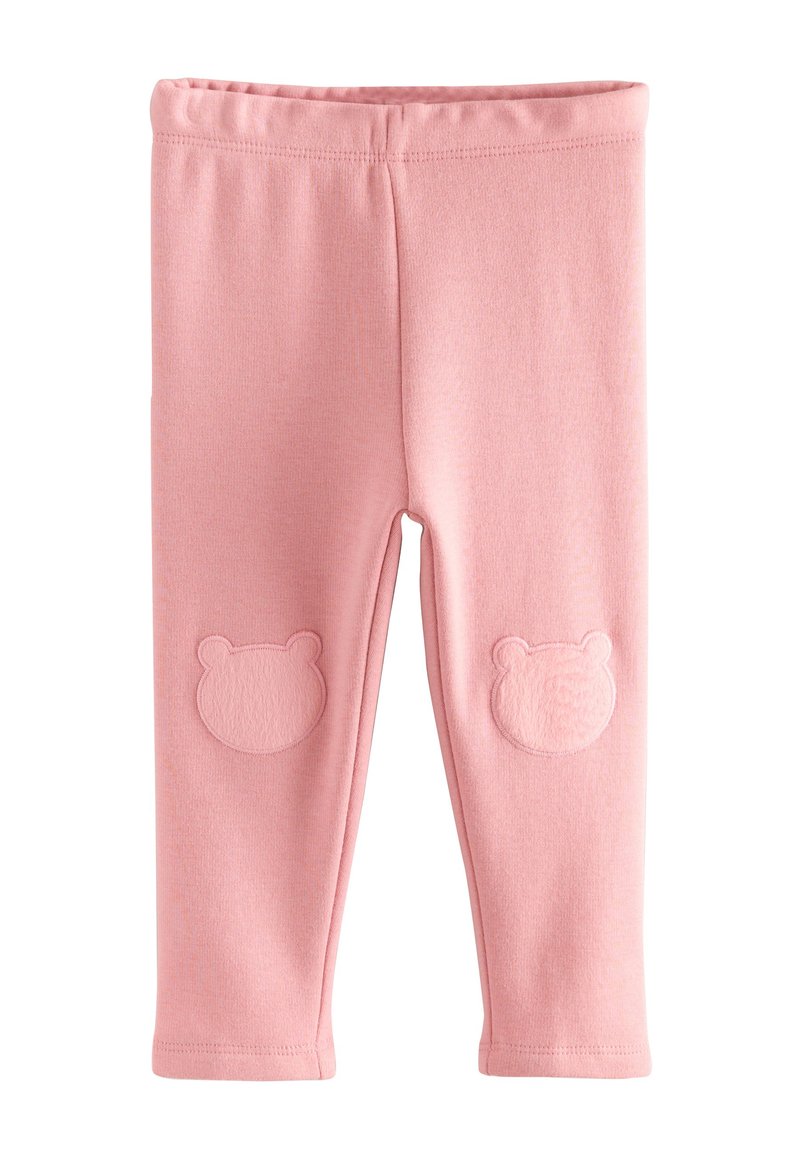 Colanți roz din material moale, cu talie elastică și aplicații în formă de ursuleț pe ambele genunchi. Textură netedă, potrivire strânsă.