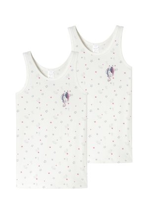 Two white, cotton tank tops featuring a star print in pink and blue, with a unicorn graphic on the front. Smooth texture, sleeveless design.