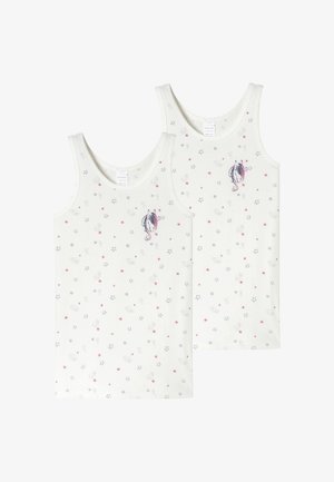 Zwei weiße Baumwoll-Trägershirts mit einem Sternenmuster in Pink und Blau, vorne mit einem Einhorn-Motiv. Glatte Textur, ärmelloses Design.