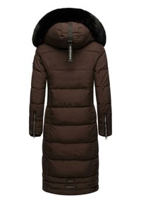 Brown insulated parka with a fur-lined hood, vertical seams, side zippered pockets, and logo tag. Smooth texture with a puffy design.