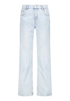Light blue denim jeans with a wide-leg design, featuring five pockets, belt loops, and subtle fading throughout.