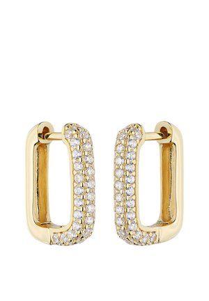 Gold rectangular hoop earrings encrusted with two rows of small clear gemstones, featuring a hinged clasp closure.