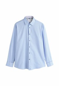 Hellblaues Langarmhemd aus glattem Stoff. Verfügt über einen Punktkragen, Vorderknöpfe und ein dezent gemustertes Innenfutter.