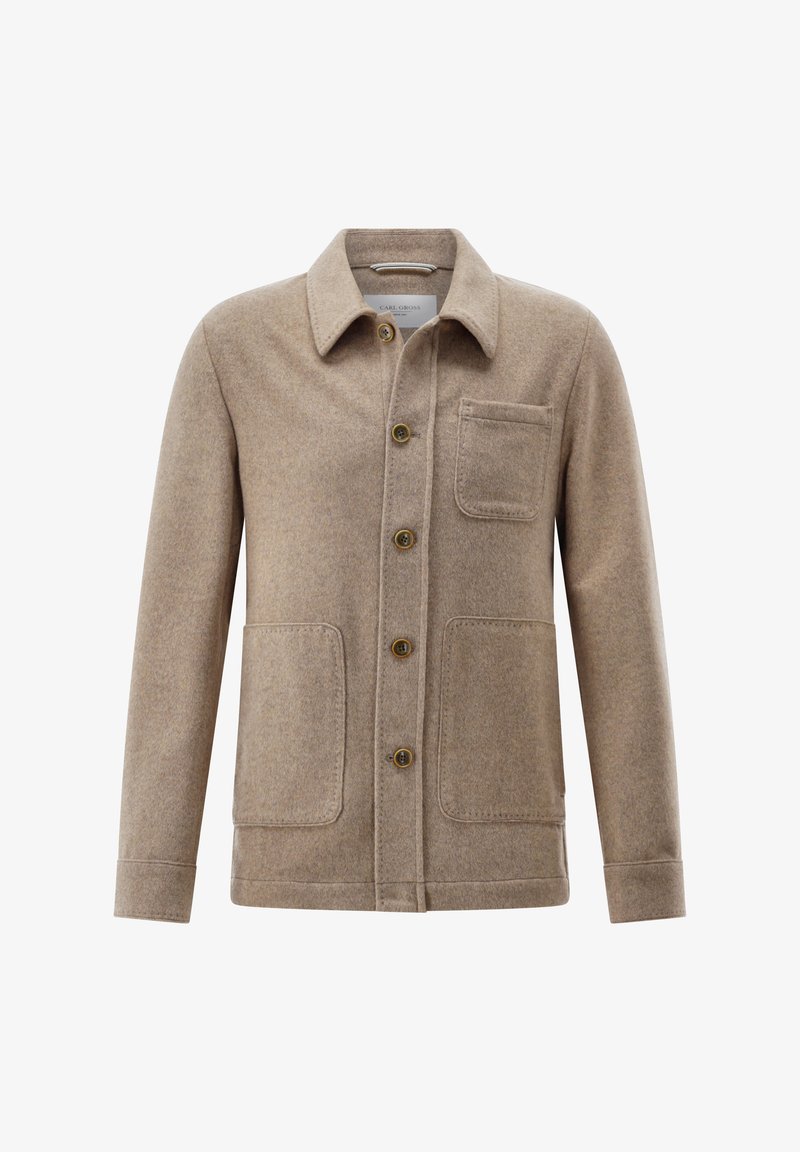 Beige wool-blend jacket with a button-up front, pointed collar, chest pocket, and two side pockets; features a soft texture.
