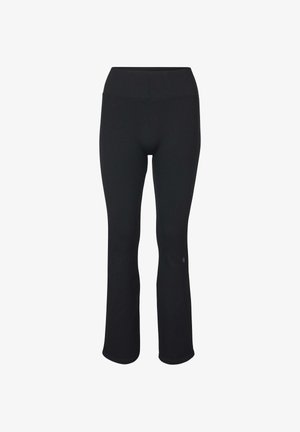 Schwarze, gerippte, hoch taillierte Hose mit leicht ausgestelltem Bein, frontseitig auf weißem Hintergrund präsentiert.