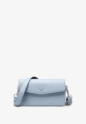 Light blue leather crossbody bag with a flap closure, silver hardware, and adjustable strap. Smooth texture with subtle logo detail.