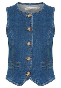 Donkerblauwe spijkerjack met ronde halslijn, voorzien van vijf grote, gouden knopen aan de voorkant en twee zijzakken. Soepele textuur.