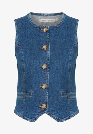 Dunkelblaue Jeansweste mit rundem Ausschnitt, ausgestattet mit fünf großen, goldenen Knöpfen auf der Vorderseite und zwei seitlichen Taschen. Glatte Textur.
