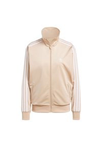 Béžová zipová bunda s vysokým límcem, bílé vertikální pruhy na rukávech a malým bílým logem na hrudi. Hladká struktura látky.