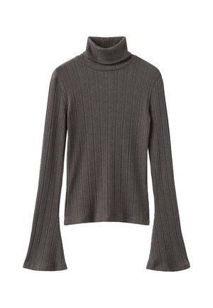 Tmavě šedý žebrovaný rolákový svetr s dlouhými rozšířenými rukávy a polopřiléhavým střihem, vyrobený z jemné, pružné látky.