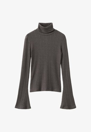 Donkergrijze geribbelde coltrui met lange uitlopende mouwen en een semi-getailleerd ontwerp, gemaakt van zachte, rekbare stof.