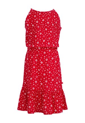Robe rouge sans manches avec petit motif floral blanc, taille froncée et ourlet volanté.