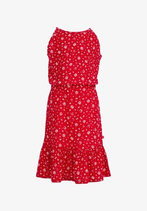 Rode mouwloze jurk met wit klein bloemmotief, geplooide taille en gerimpelde zoom.