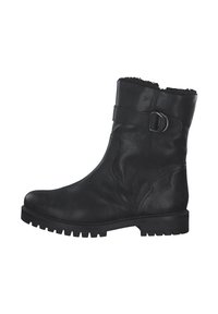 Bottine en cuir noir avec un bout rond, dessus texturé, sangle avec boucle en métal et semelle en caoutchouc texturé pour une bonne adhérence.