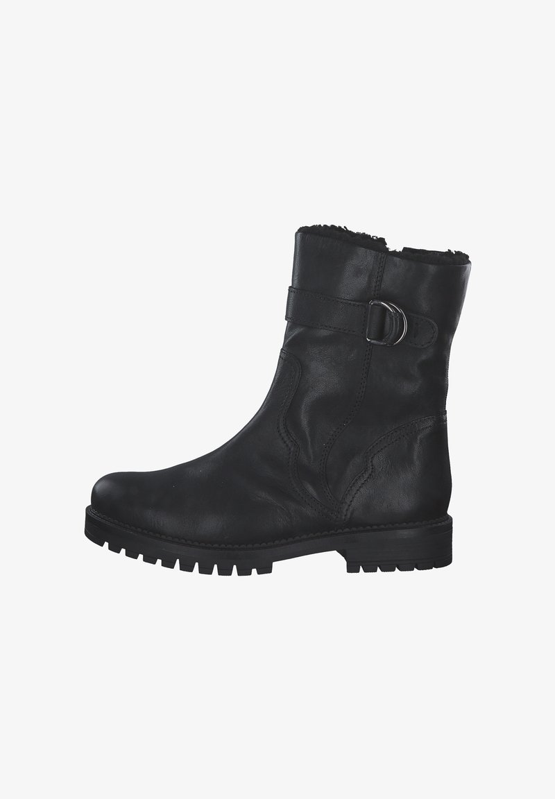 Bottine en cuir noir avec un bout rond, dessus texturé, sangle avec boucle en métal et semelle en caoutchouc texturé pour une bonne adhérence.