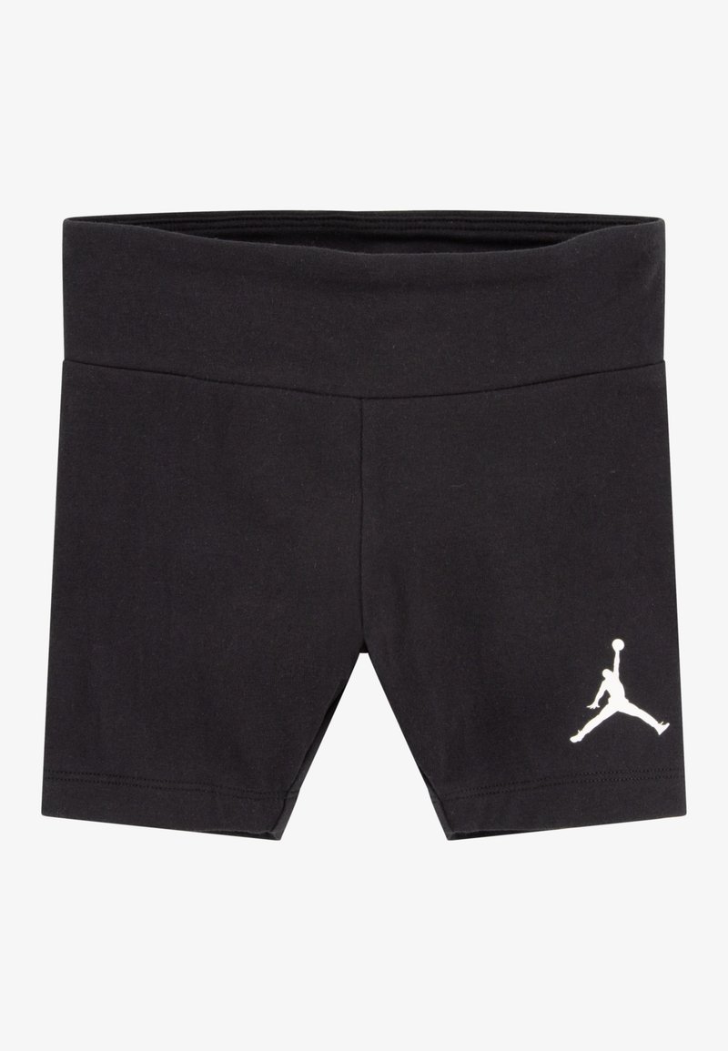 Čierne bavlnené šortky s vysokým pásom a priliehavým strihom. Na ľavej nohe sa nachádza biele logo Jumpman.