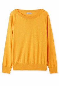 Pull jaune à manches longues avec un col rond et des poignets et ourlet côtelés, posé à plat sur un fond blanc.