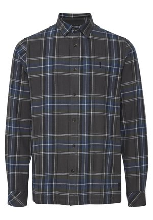 Karirana košulja u tamnim nijansama crne i sive, s plavim i zelenim linijama. Košulja s dugim rukavima i ovratnikom na kopčanje s gumbima.