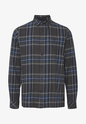 Rutete skjorte i mørke toner av svart og grått, med blå og grønne linjer. Knappekrage og lange ermer med knappe-mansjetter.