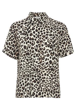 Kreminės spalvos trumpomis rankovėmis marškiniai su juodais ir ruda leopardų raštais, turintys klasikinį apykaklę ir lygų audinio paviršių.